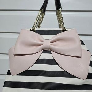 Betsey Johnson Black and White Striped Tote Bag with Pink Bow